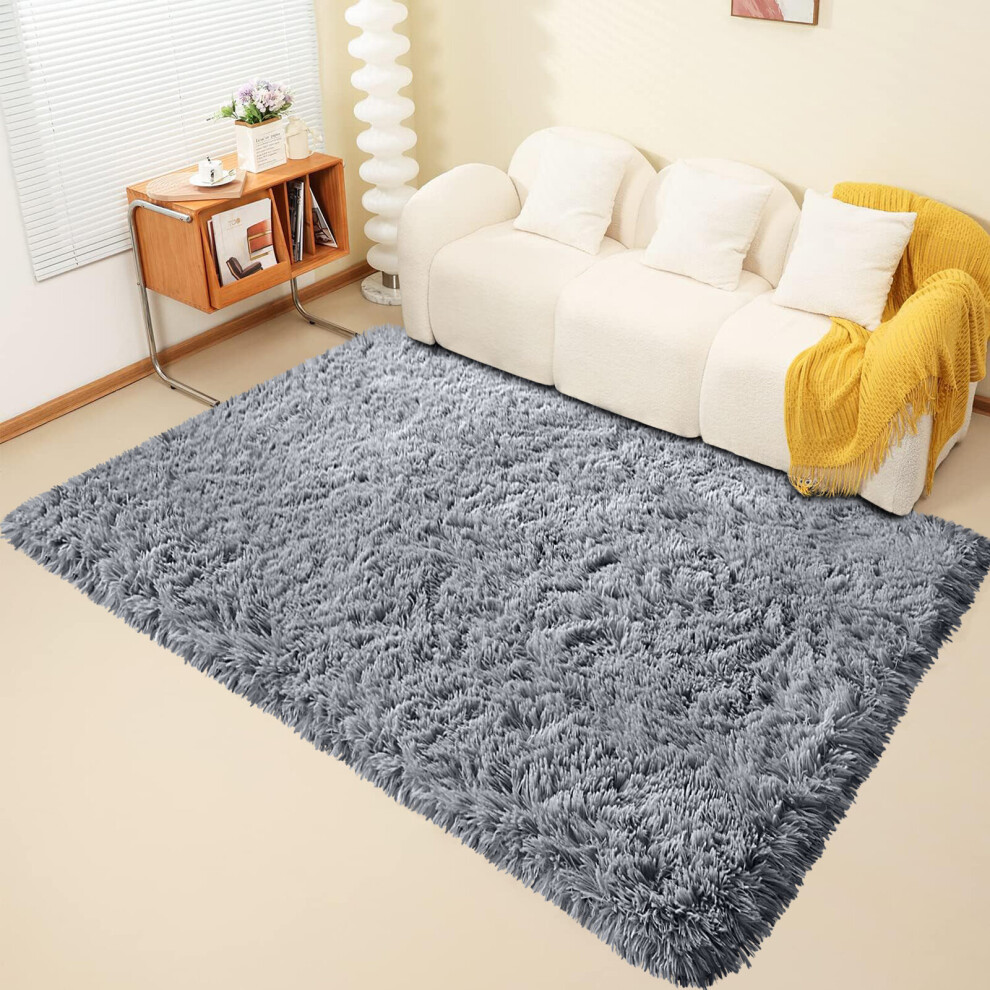 (200cm x 290cm OR 6ft 7" x 9ft 6"- Large Area Rug, Grey- Area Rug) Large Fluffy Shaggy Rugs Non-Slip Living Room Rug