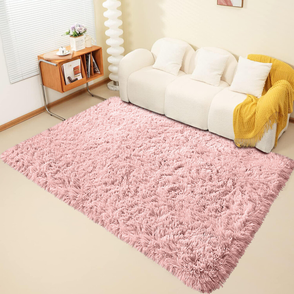 (160cm x 230cm OR 5ft 3" x 7ft 6"- Large Area Rug, Pink- Area Rug) Large Fluffy Shaggy Rugs Non-Slip Living Room Rug