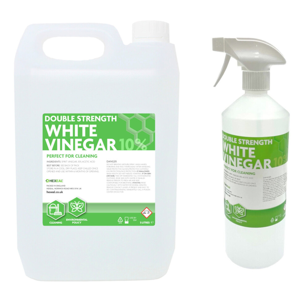 Hexeal Double Strength White Vinegar | 5L & 1L Spray | Grease remover and Surface cleaner