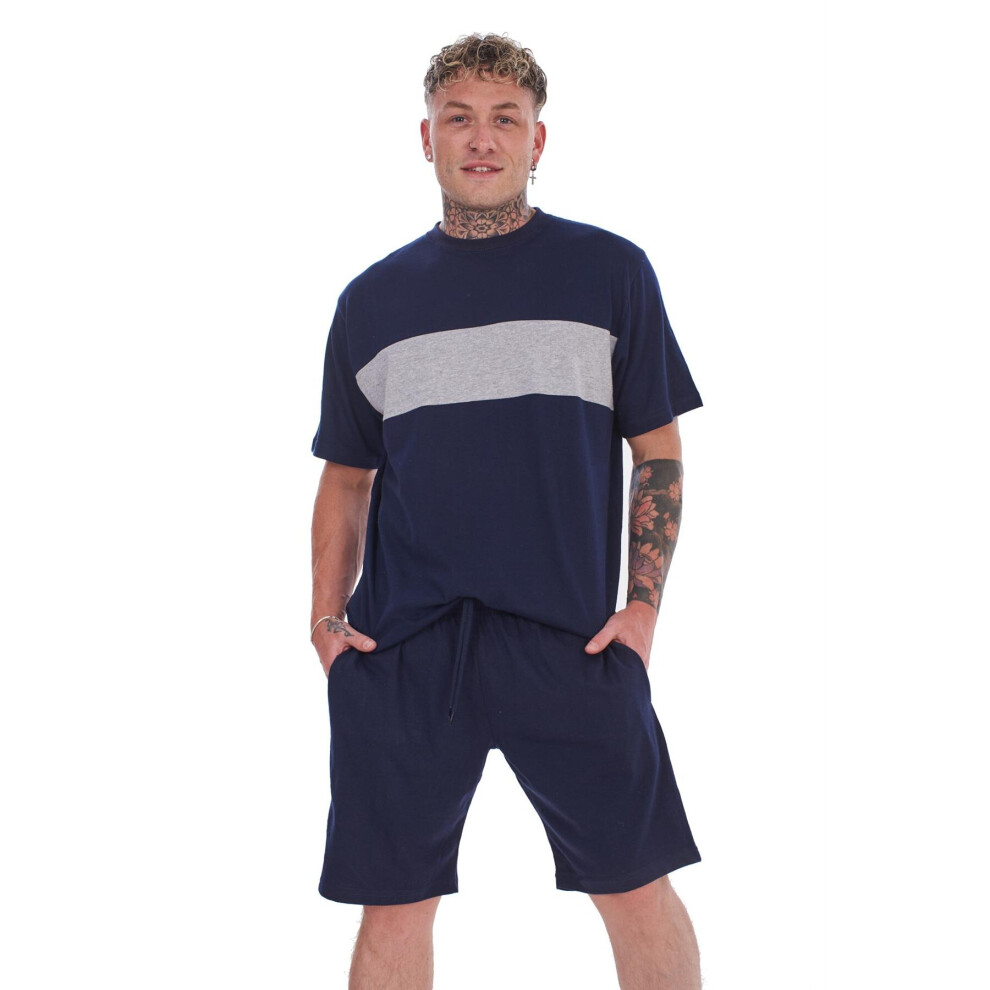 (Navy, M) Malay Pyjama Set Shorts Cotton Jersey Round Neck Loungewear Striped T-Shirt Nightwear