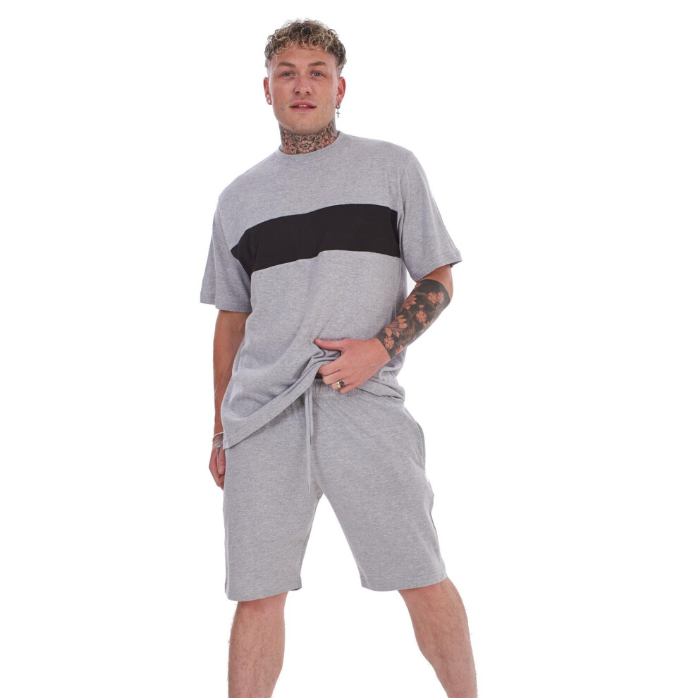 (Grey, M) Malay Pyjama Set Shorts Cotton Jersey Round Neck Loungewear Striped T-Shirt Nightwear