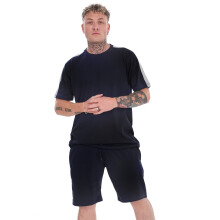 (Black, M) Malay Cotton Jersey Pyjama Set Shorts Round Neck Loungewear Panelled T-Shirt Nightwear