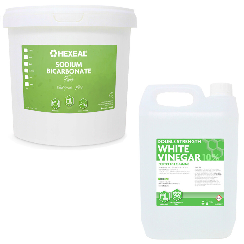 Hexeal Double Strength White Vinegar 5L and Sodium Bicarbonate 5kg Bucket | Grease remover and Surface cleaner