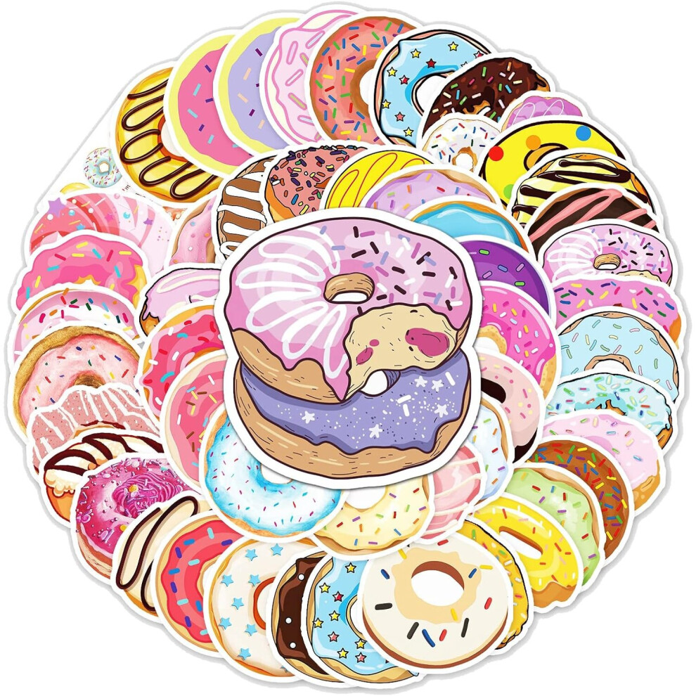 50 Pack Donut Stickers Water Bottle Notebook Phone Motorcycle Computer Guitar Skateboard Water Bottle Candy Snack Vinyl Stickers for Teen Adults