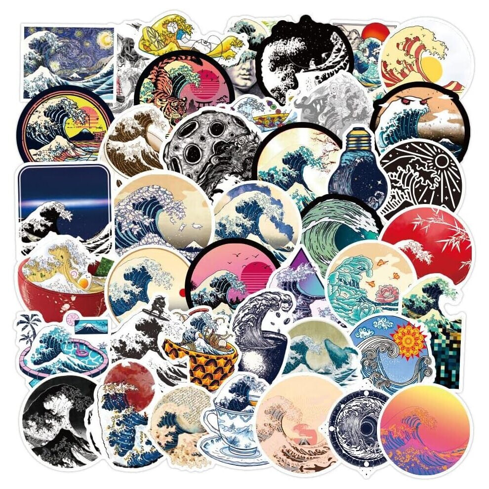 Kanagawa Stickers 50pcs Jumbo Wave Stickers for Teens Kids Adults Waterproof Vinyl Stickers for Laptop Phone Water Bottle Bicycle Luggage