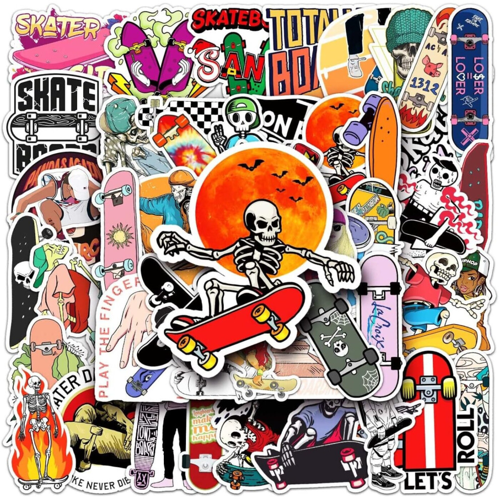 50PCS"Skull Skateboard" Graffiti Vinyl Waterproof Stickers for Teens Kids Adults Colorful Sticker Pack for Laptops Mobile Phones Skateboard Luggage