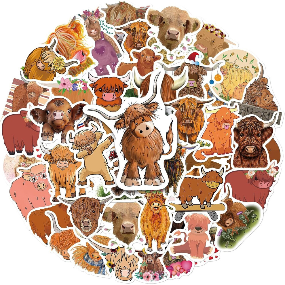 50pcs Cute Highland Cow Stickers for Water Bottles Scottish Highland Cattle Laptop Phone Luggage Sticker Vinyl Decal Stickers Favors Decor