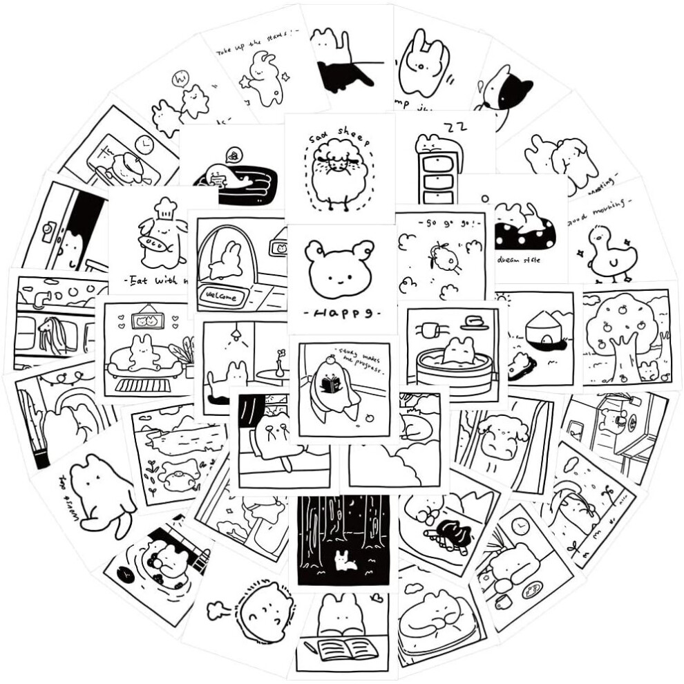 Kawaii Cartoon Black and White Stickers for Water Bottle Laptop Computer Cute Vinyl Reusable Waterproof Stickers for Kids 40 Pcs