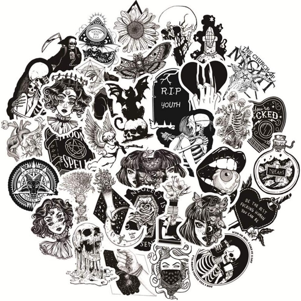 Mascot 50Pcs Gothic Stickers For Water Bottle,Black Skull Stickers,Waterproof Vinyl Stickers Perfect For Laptop Phone Car Skateboard White