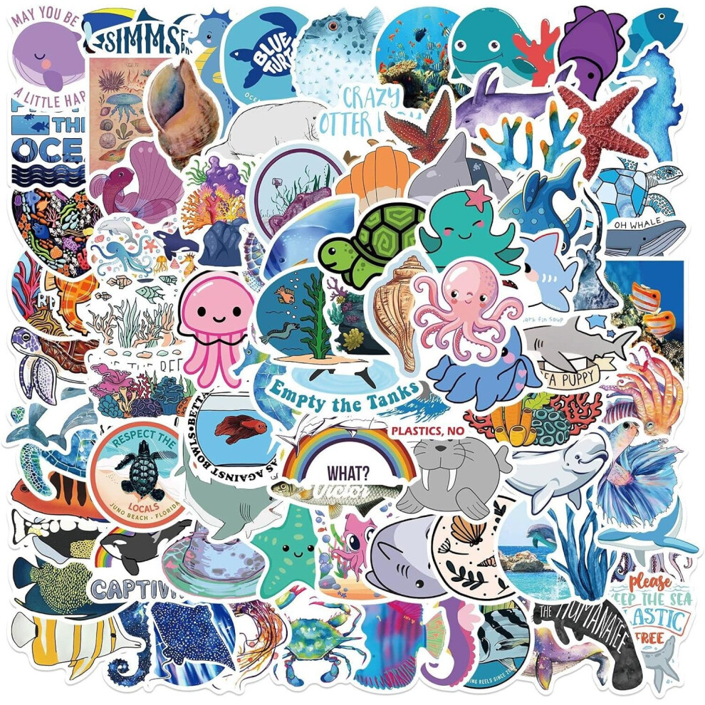 Sea Animal Stickers - 100 PCS Waterproof for Laptop Suitcase DIY Vinyl Stickers for Birthday Party Scrapbooking Skateboard Phone Case
