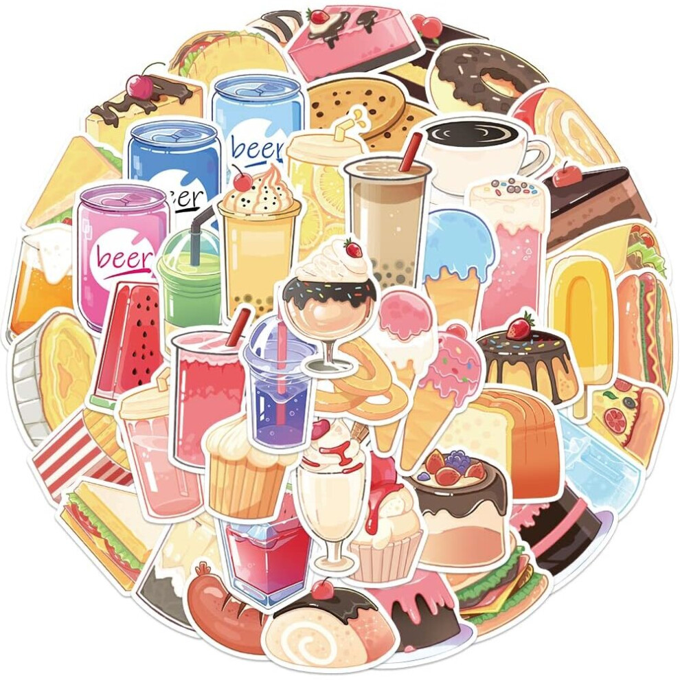 Mascot 50Pcs Desserts And Drink Stickers For Water Bottle, Waterproof Vinyl Cute Sticker For Scrapbook, Laptop, Guitar, Skateboard, Bicycle