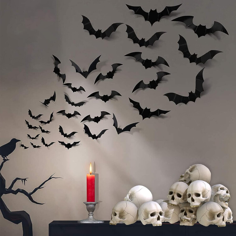 88 Pcs 4 Sizes Halloween Decorations PVC 3D Bats Wall Decor for Halloween Party Supplies Bats Wall Stickers DIY Bat Clings for Halloween Decor Black