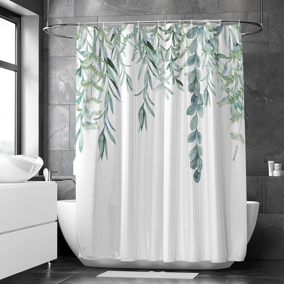 Shower Curtain for Bathroom with 12 Hooks, 3D Printing Washable Waterproof Cloth Plant Leaf Fabric, 72 x 72 Inches (Willow), Green