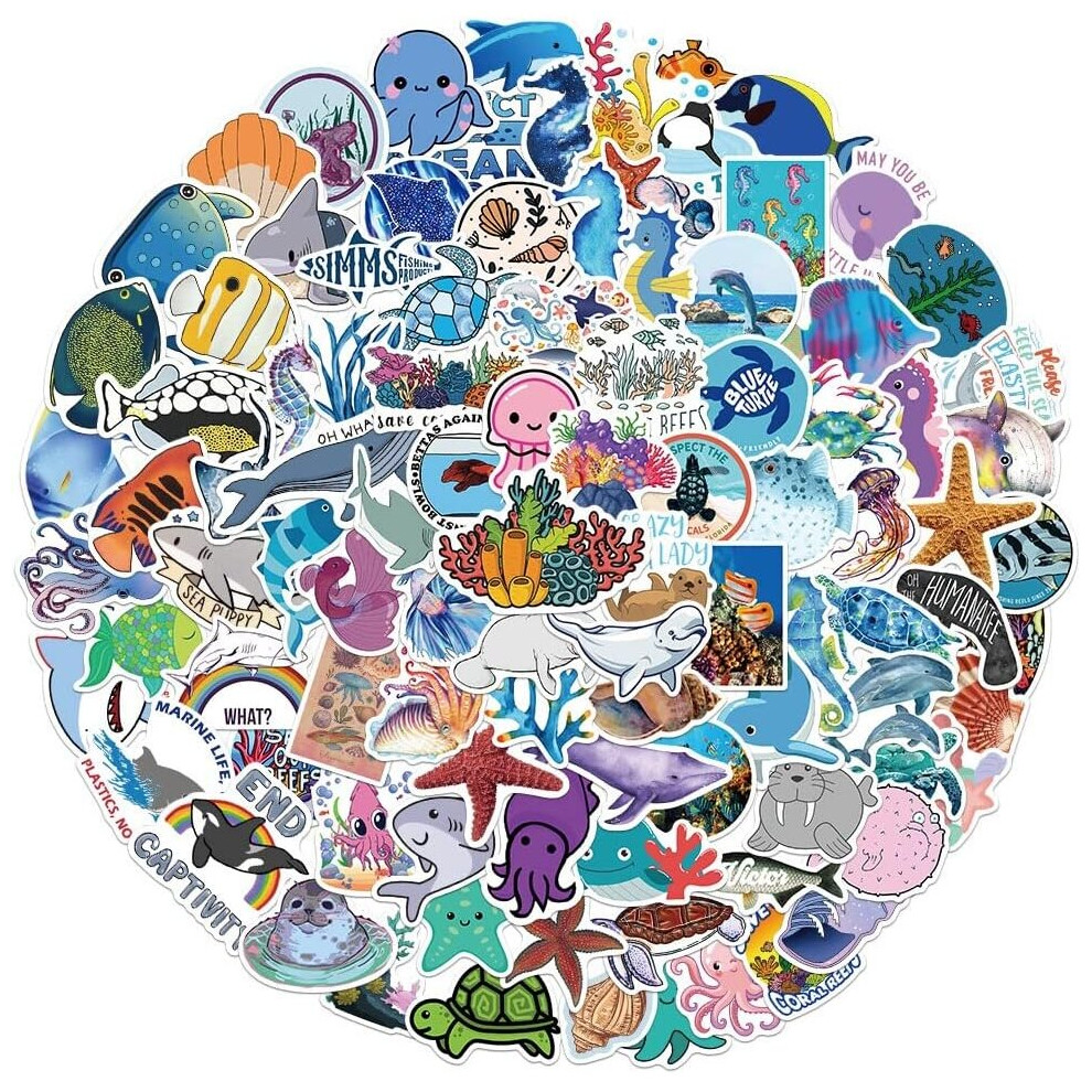 Ocean World Stickers of 100 Vinyl Decal Merchandise Laptop Stickers for Laptops, Computers, Hydro Flasks, Skateboard and Travel Case