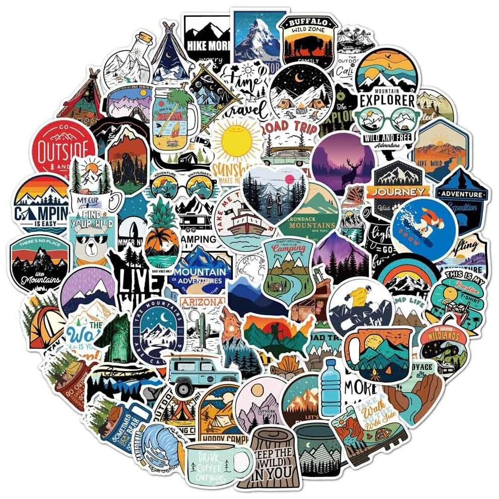 100 funny hiking camping waterproof sticker kettle, vinyl aesthetic colorful Ins wind sticker notebook skateboard luggage compartment perfect gift