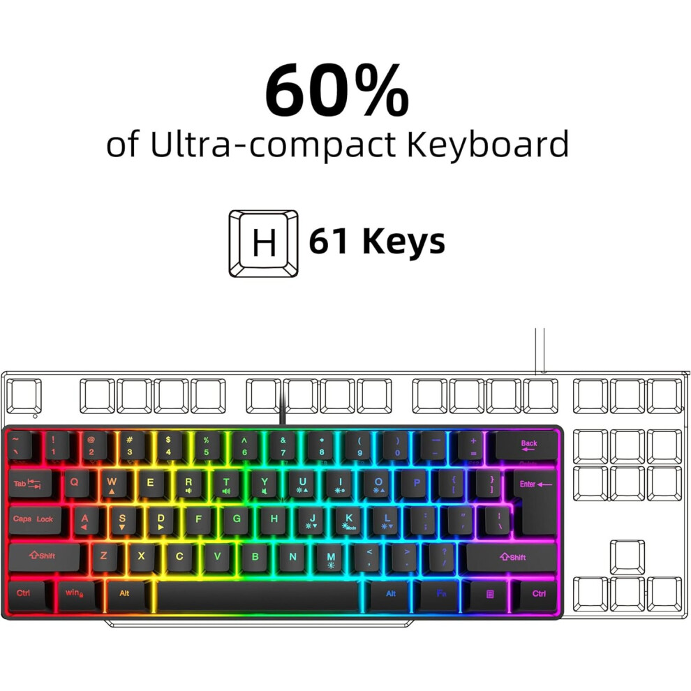 60% Wired Gaming Keyboard, RGB Backlit Ultra-Compact Mini Keyboard, Waterproof Mini Compact 61 Keys Keyboard(Black)