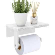 Toilet Paper Holder with Natural Marble Shelf, 304 Stainless Steel Screw Wall Mounted, Tissue Roll Paper Holder Dispenser for Bathroom Washroom White