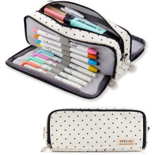 Large Pencil Case Big Capacity 3 Compartments Canvas Pencil Pouch for Teen Boys Girls School Students (Black Dot)