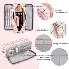 Large Pencil Case Big Capacity 3 Compartments Canvas Pencil Pouch for Teen Boys Girls School Students (Pink Strip Black Grid)