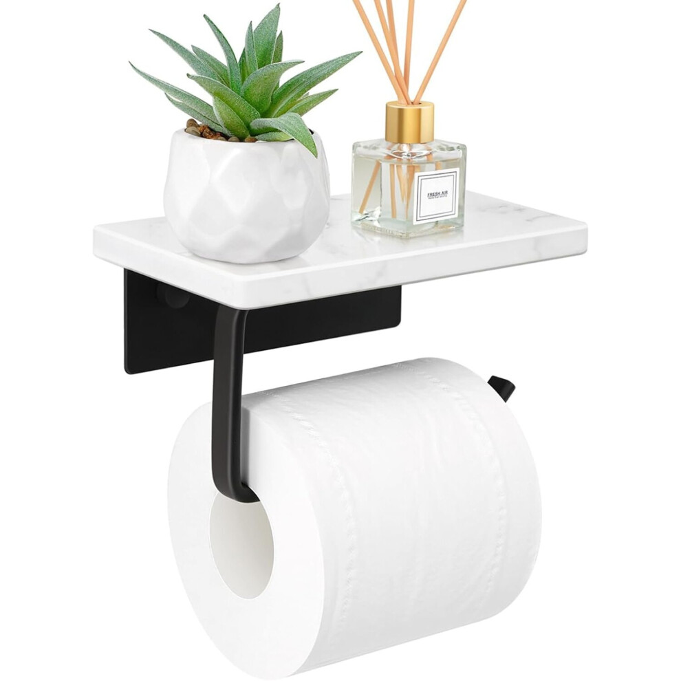Marble Toilet Paper Holder with Shelf, Matte Black Toilet Paper Roll Holder Screw Wall Mount, Stainless Steel Tissue Roll Holder with Storage-image-OPC-PCFCMG5-NEW