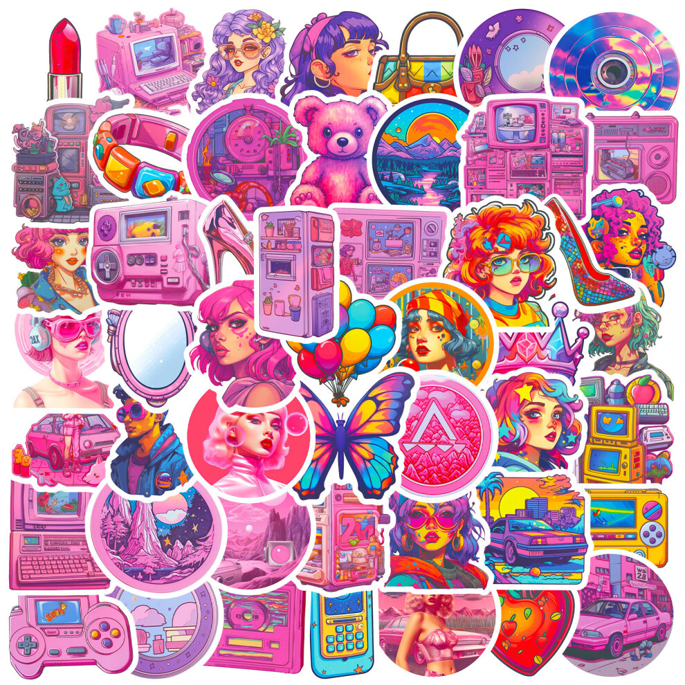 50pcs Retro Cool Stickers, Pink Purple Vinyl Waterproof Retro Girl Decals for Laptop Water Bottle Guitar Phone Luggage Skateboard Bike