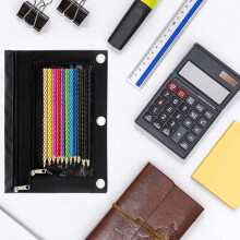 Pencil Pouch 3 Ring Binder Pouch Zippered Pencil Case Canvas Pencil Bag with 2 Compartments (Set of 1 , Black)