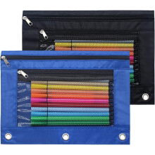 Pencil Pouch 3 Ring Binder Pouch Zippered Pencil Case Canvas Pencil Bag with 2 Compartments (Set of 2, Black and Blue)