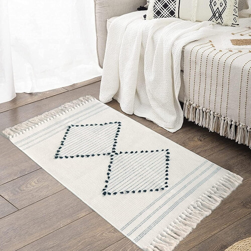 Boho Kitchen Rug, Washable, Black, Woven Tassels, Cotton, Padding, Rectangular, Soft, Hallway, Laundry Room, White, 60 x 90 cm