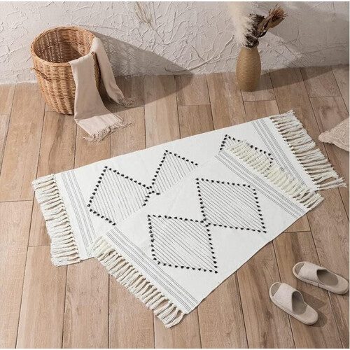Boho Kitchen Rug, Washable, Black, Woven Tassels, Cotton, Padding, Rectangular, Soft, Hallway, Laundry Room, White, 60 x 90 cm 2