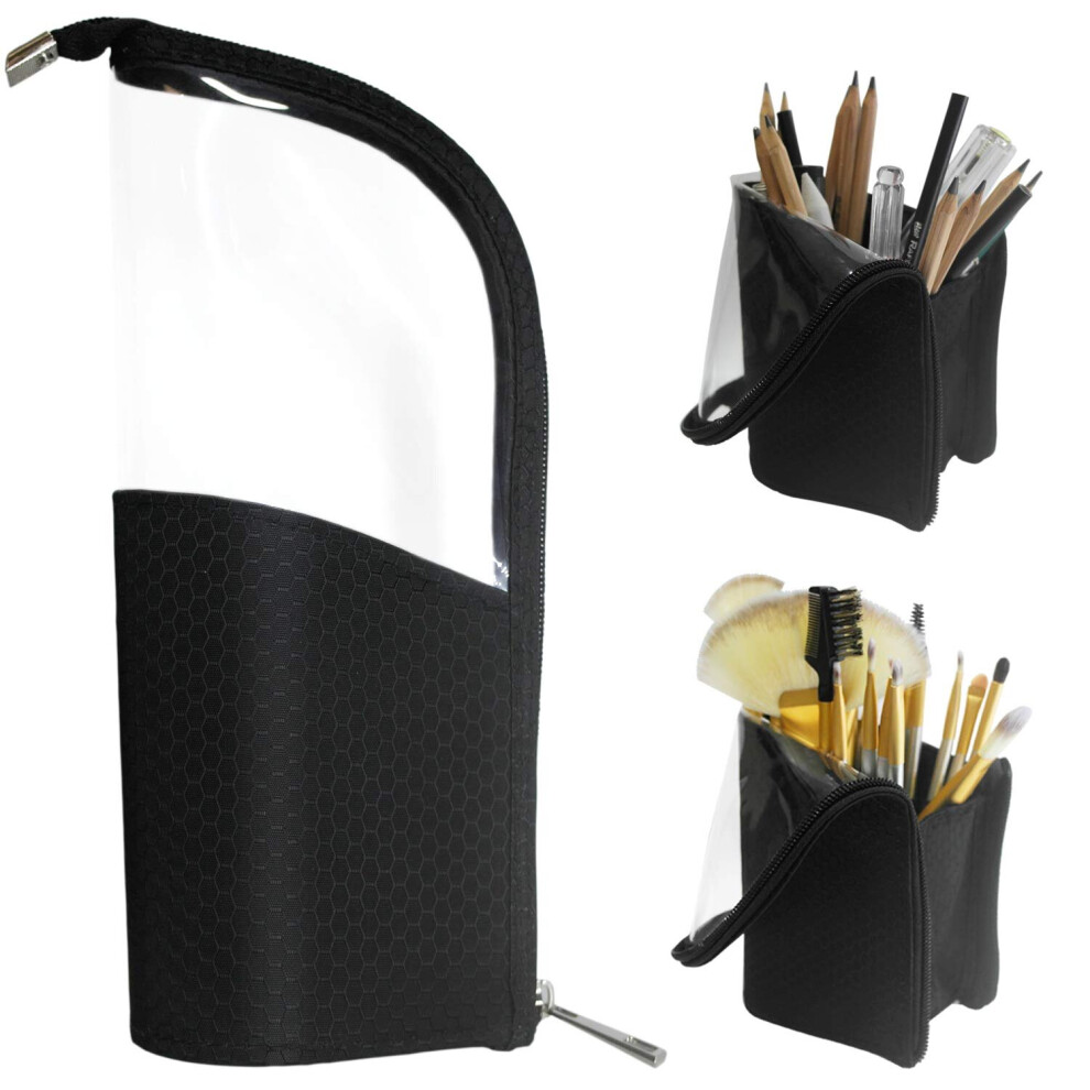 Tianfu Black Travel Makeup Brush Holder,Pencil Pen Case Organizer Bag Clear Plastic Cosmetic Zipper Pouch Portable Waterproof