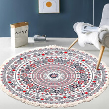 Hand Woven Cotton Round Rug Mandala Pattern Bohemian Vintage Style With Pompoms Machine Washable Bedroom Hallway Living Room Coffee Table 60cm