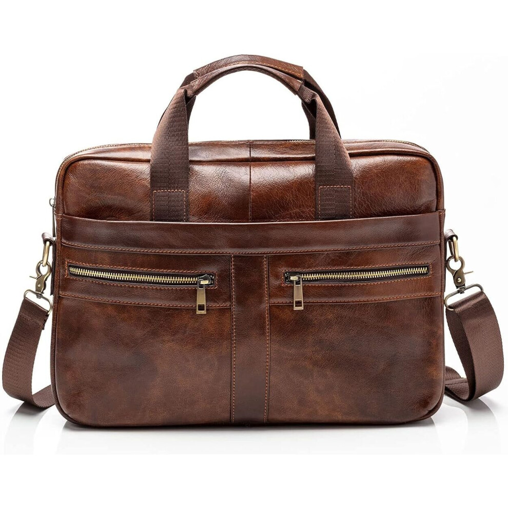 Men'S Leather Briefcase, Brown, With Padded Protection, Suitable For Laptops 14 Inches And Below
