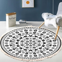Hand Woven Cotton Round Rug Mandala Pattern Bohemian Vintage Style With Pompoms Machine Washable Bedroom Hallway Living Room Coffee Table 60cm