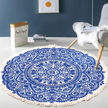 Hand Woven Cotton Round Rug Mandala Pattern Bohemian Vintage Style With Pompoms Machine Washable Bedroom Hallway Living Room Coffee Table 60cm
