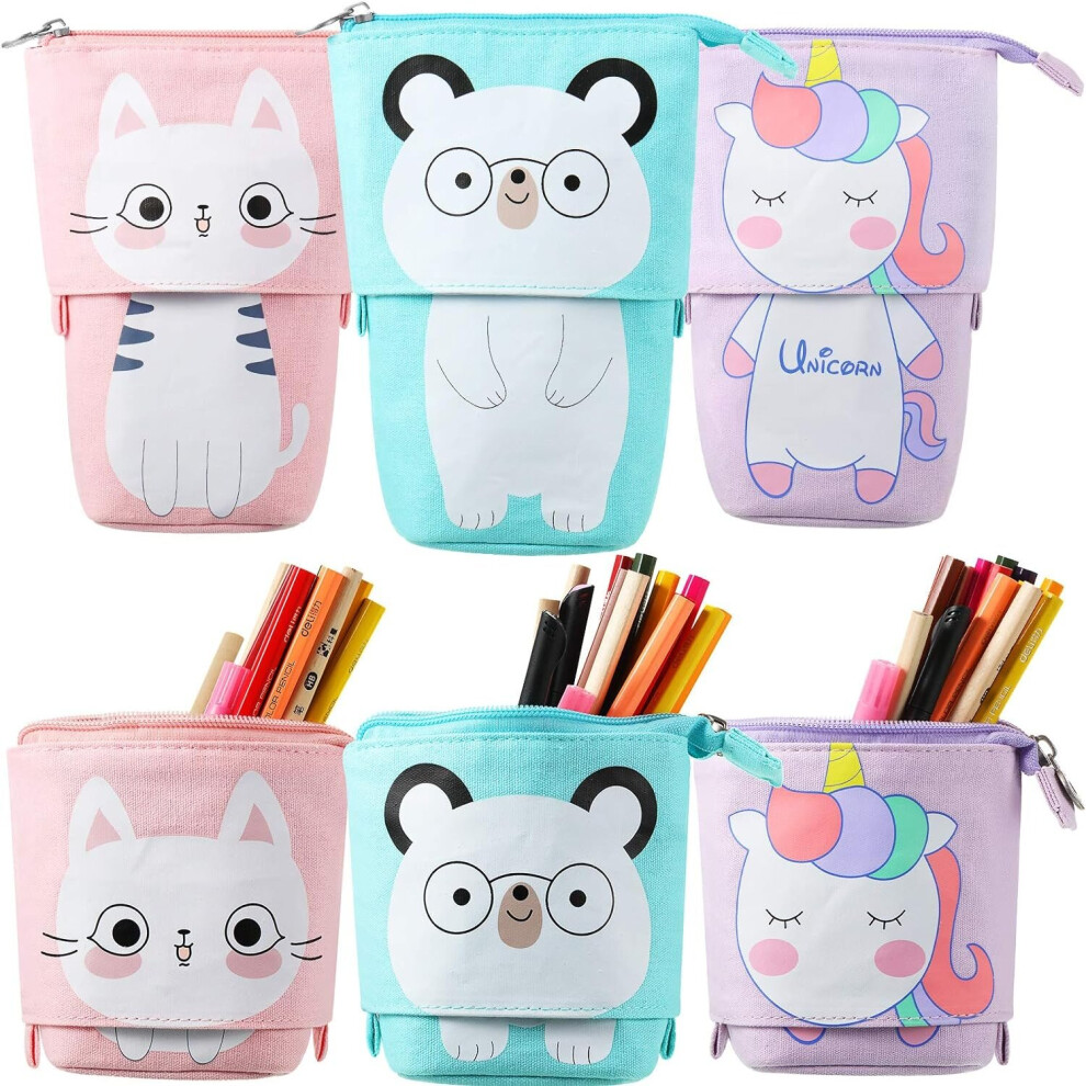 3 Pieces Telescopic Stand Up Pencil Case Box Stand Store Pencil Holder Cute Cartoon Standing Pen Pouch(Cat, Bear, Unicorn)-image-OPC-PCFCPMC-NEW