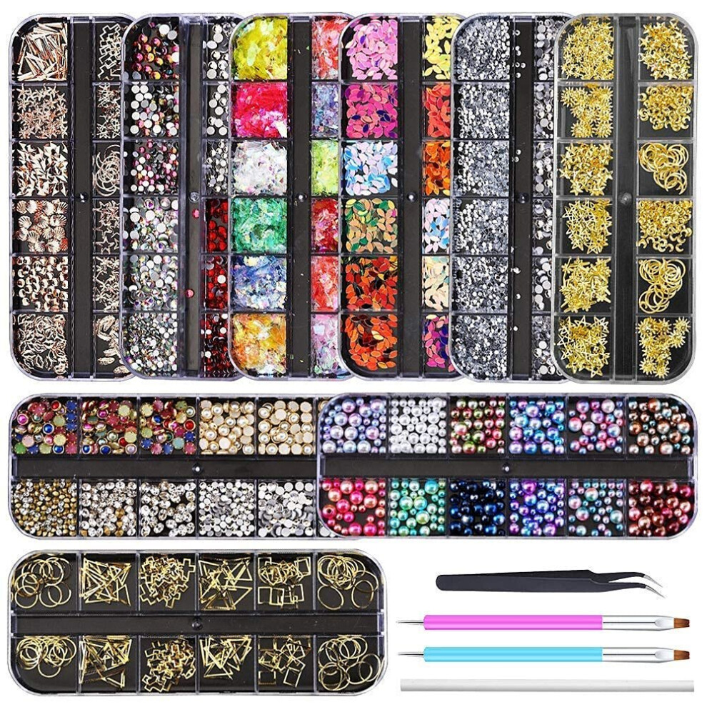 Tianfu 9 Boxes Nail Rhinestones,Nail Gems Nail Diamonds,Nail Art Studs Nail Crystals Nail Sequins For Nails Kit