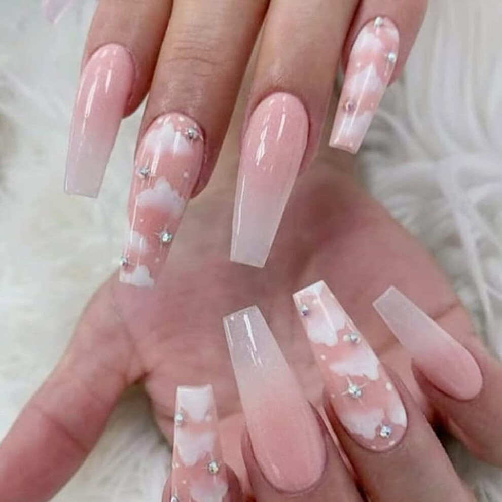 Tianfu Pink Fake Nails Luxury Press On Rhinestone Nails Long Coffin Glossy Acrylic False Nails Prom Nails - Tips 24 Pcs