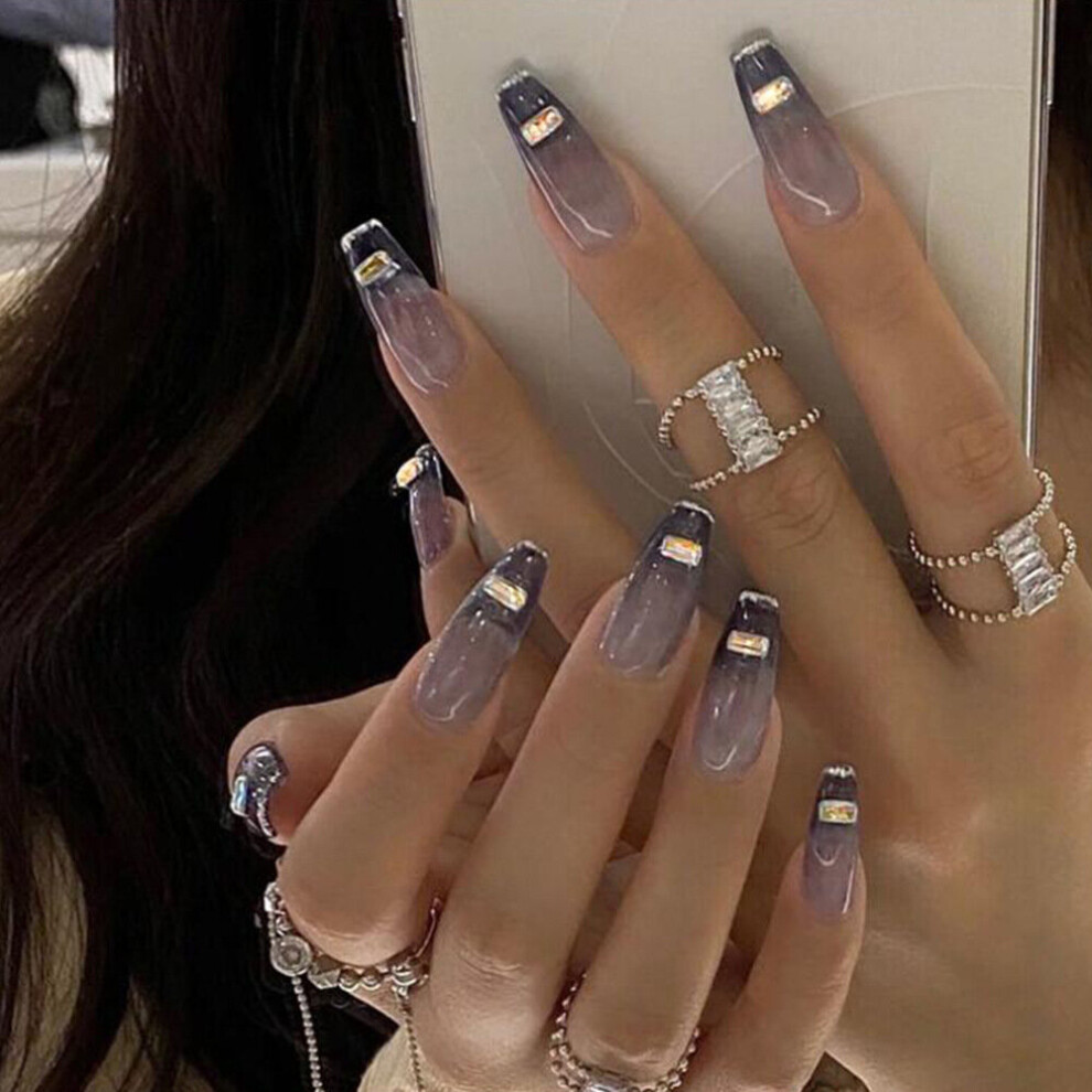 Tianfu 24Pcs Glossy Ombre French Coffin Press On False Nails Extra Long Fake Fingers Ballet Nail