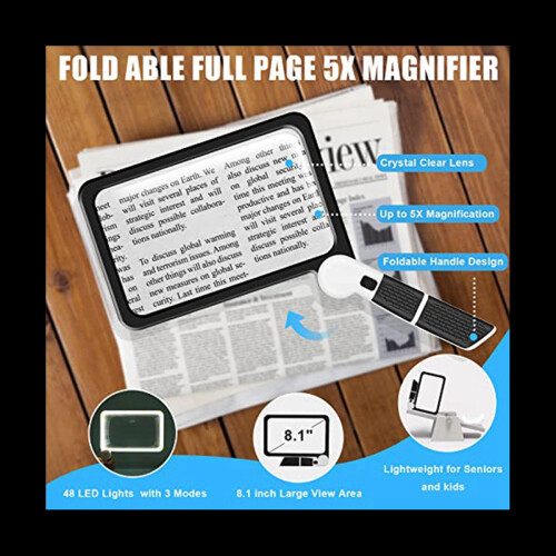 Full-Page 5X Magnifying Glass for Reading, Folding Lighted Magnifier with 48 LED Lights, Rectangular Handhold Magnifier 2