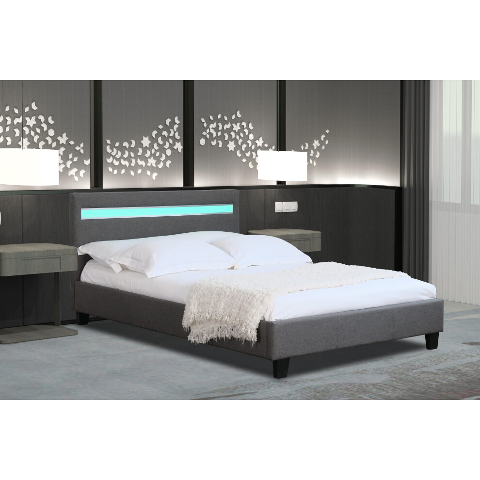 (4ft Small Double, With Kerri Mattress) Dark Grey Fabric Modern Bed Frame With LED 3ft 4ft 4ft6 5ft