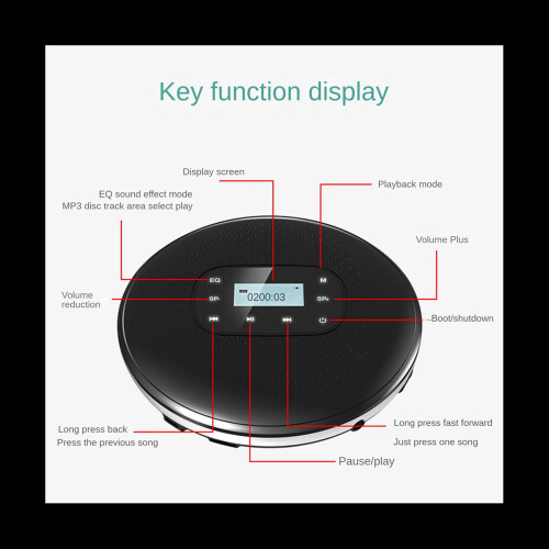 Portable CD Walkman Rechargeable Intelligent Touch Screen CD Player Digital Display Stereo Speaker for Student Black 1