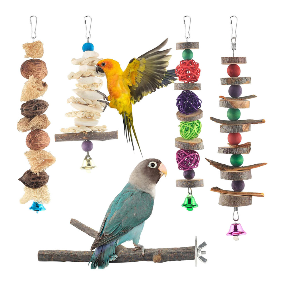 Bird Chew Toys, 5 Packs Parakeet Natural Wood Toys Parrot Hanging Cage Toy Bird Perch Stand for Small Bird Cockatiel