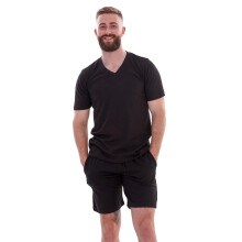 (Black, L) Malay Plain Pyjama Set Shorts V-Neck Loungewear T-Shirt Nightwear
