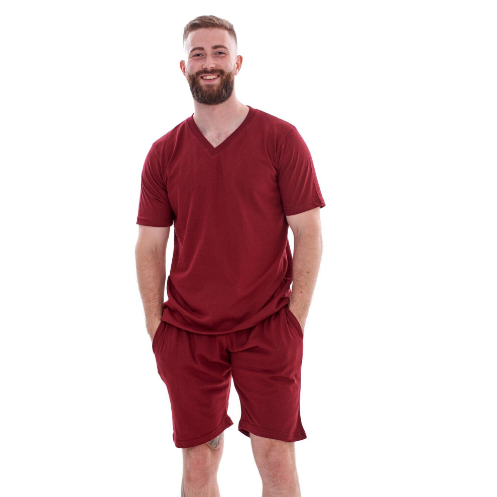 (Burgundy, L) Malay Plain Pyjama Set Shorts V-Neck Loungewear T-Shirt Nightwear