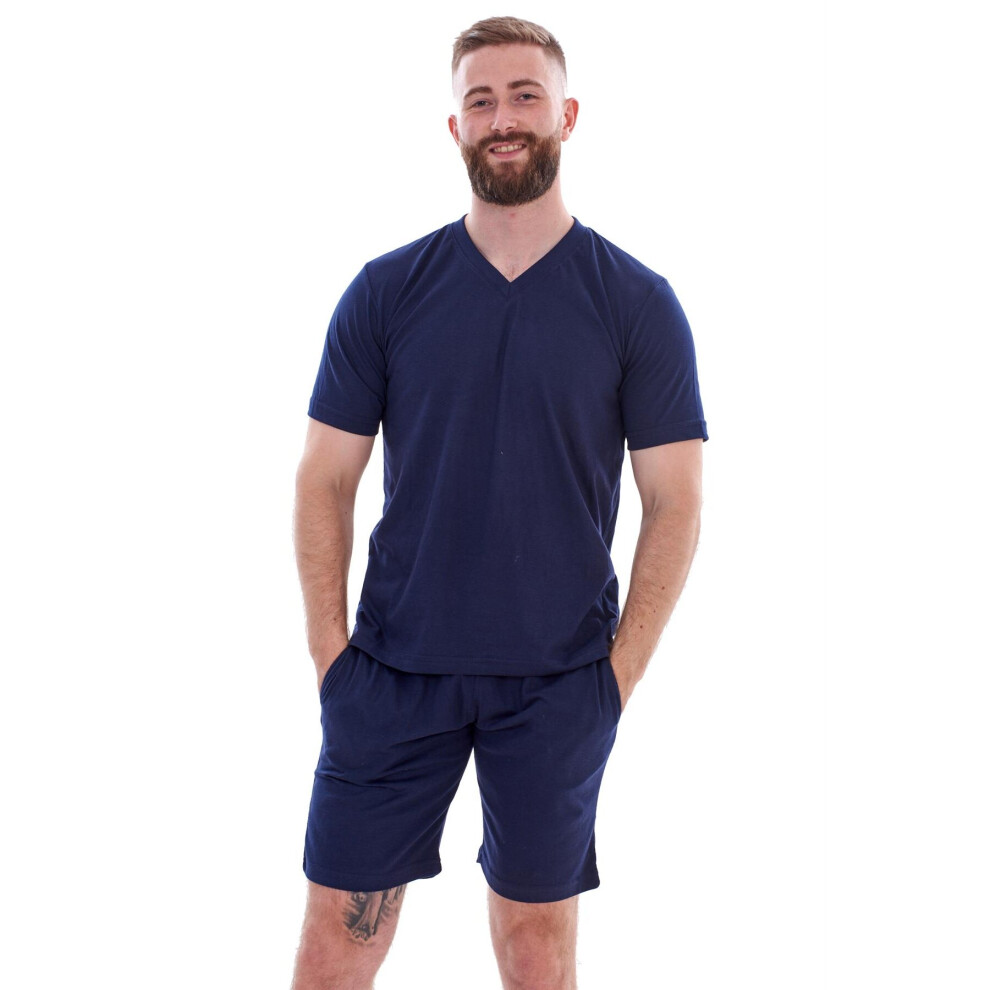 (Navy, M) Malay Plain Pyjama Set Shorts V-Neck Loungewear T-Shirt Nightwear