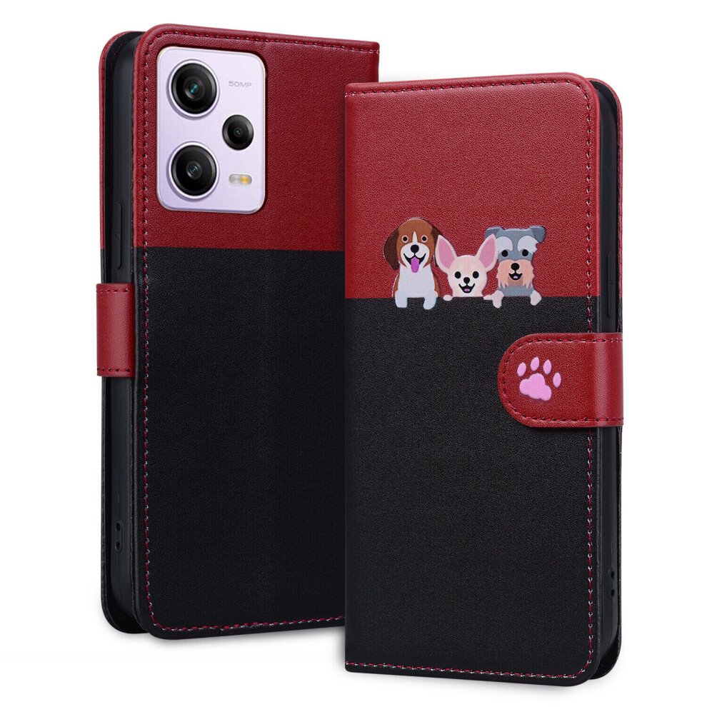 (Red Black) Case for Xiaomi Redmi Note 12 PRO Pattern Cute Cat Dog Leather Flip Wallet Cover Card Holder Compatible with Xiaomi Redmi Note 12 PRO