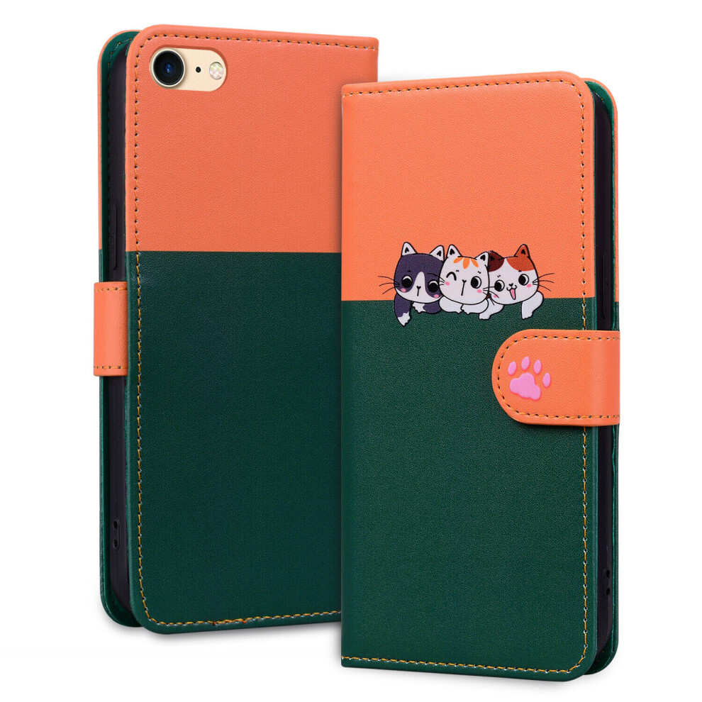 (Orange Green) Case for iPhone SE 2022/2020 Pattern Cute Cat Dog Leather Flip Wallet Cover Card Holder Compatible with iPhone SE 2022/2020