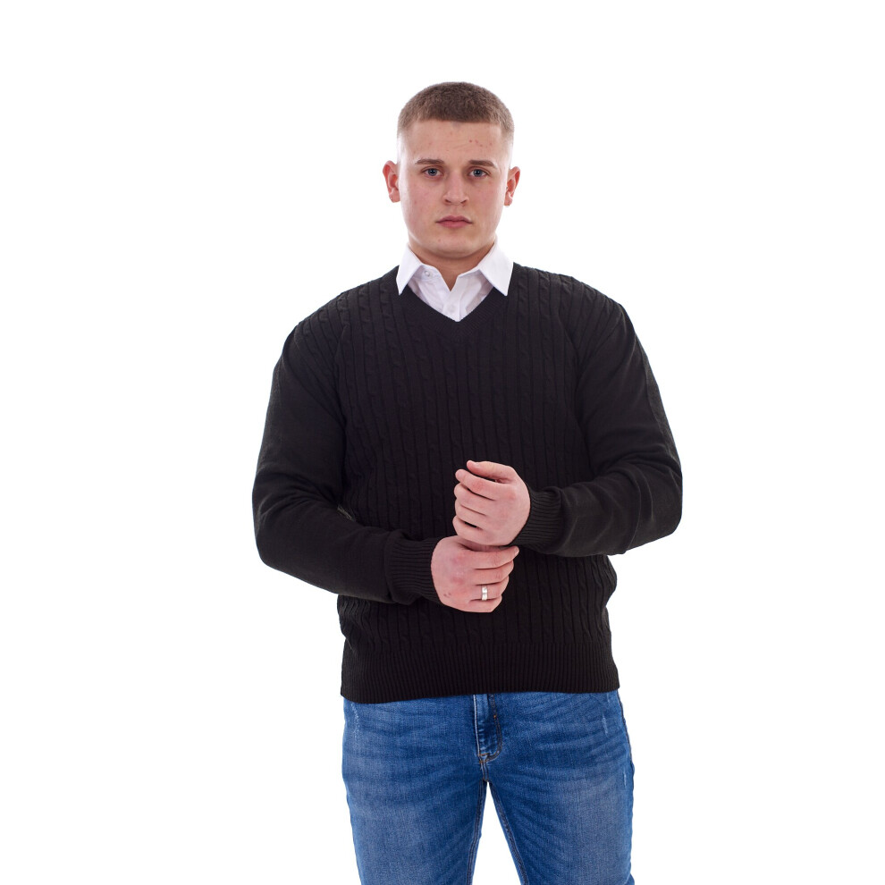 (Black, S) Malay Mens Jumper Cable Knit V-Neck Chunky Pullover Warm Casual Long Sleeve Sweater 