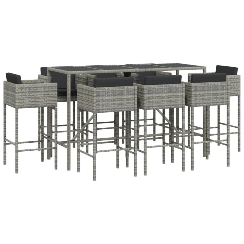 (grey, 9 piece) vidaXL Garden Bar Set Outdoor Table Bar Table Set with Cushions Poly Rattan