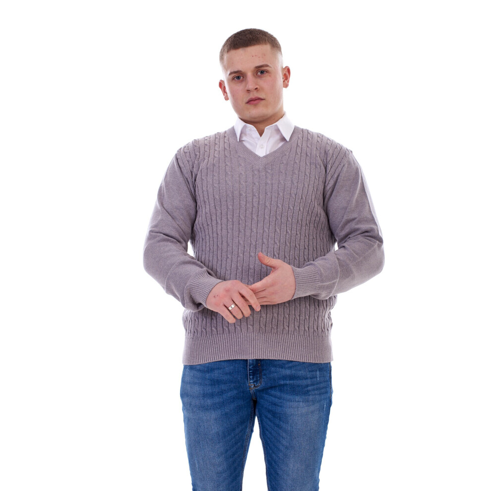 (Grey , M) Malay Mens Jumper Cable Knit V-Neck Chunky Pullover Warm Casual Long Sleeve Sweater 